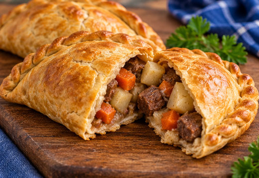 Homemade Cornish pasties filled with beef and vegetables