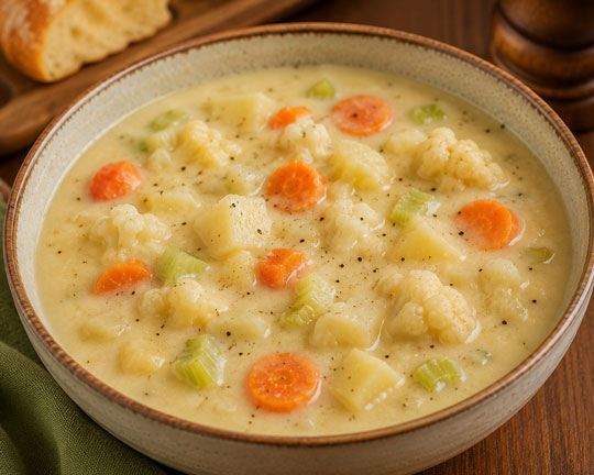 Creamy potato and cauliflower soup with vegetables