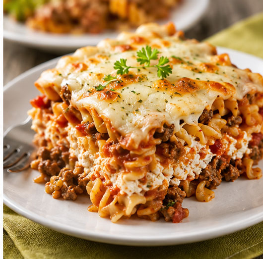 Creamy hamburger noodle casserole with ground beef, pasta, tomato sauce, and melted cheese
