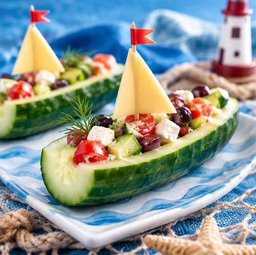 Cucumber boats filled with salad