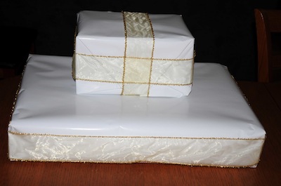 covered boxes with ribbon