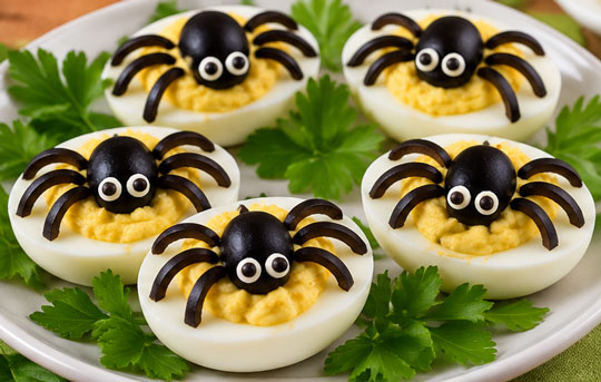 deviled eggs with spider olives
