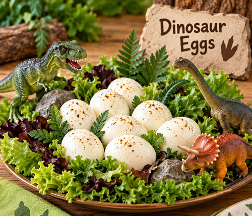 Hard boiled dinosaur eggs centerpiece