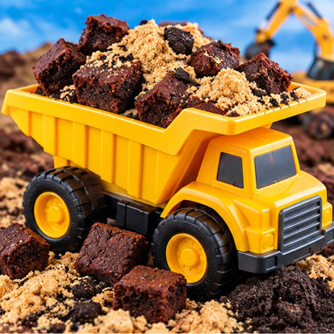 Dump truck filled with chocolate cake and crushed cookie dirt
