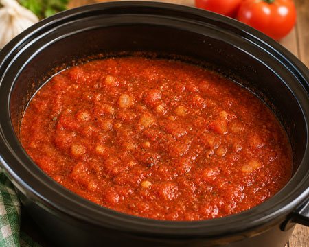 Easy slow cooker tomato sauce with meatballs