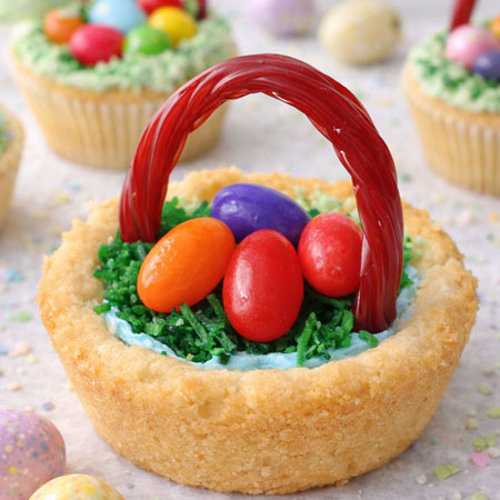 Easter cookie baskets made from sugar cookie dough with jelly beans and green coconut- kca/chgt