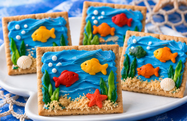 Graham cracker edible aquarium with blue frosting and fish