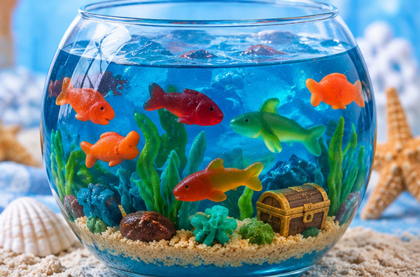 Edible fish aquarium centerpiece with blue gelatin and candy fish