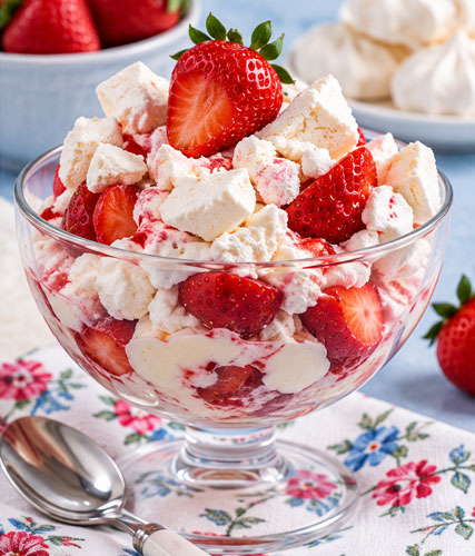Eton Mess dessert with strawberries meringue and whipped cream