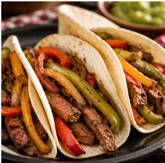 Chicken fajita tacos with colorful peppers and onions-kb