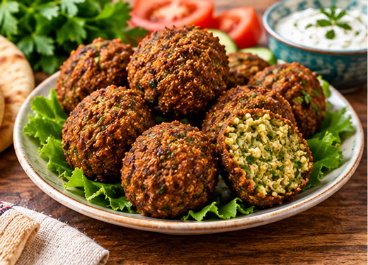 Homemade chickpea falafel with vegetables and tahini sauce