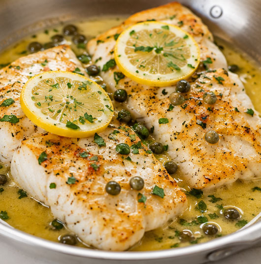 White fish with homemade lemon butter sauce