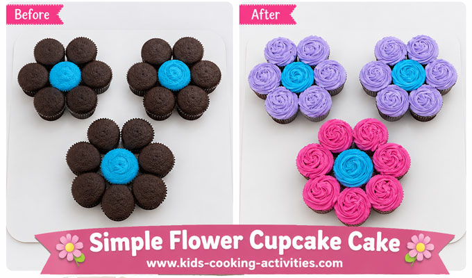 simple flower cupcake cake layout with frosted cupcakes