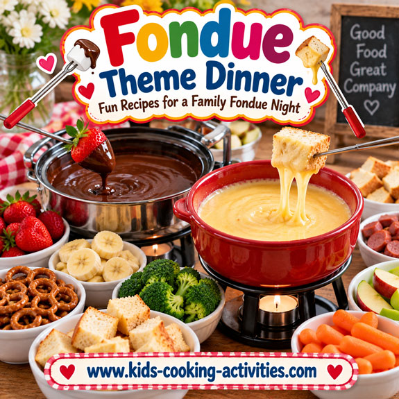 Fondue theme dinner with cheese fondue and foods for dipping