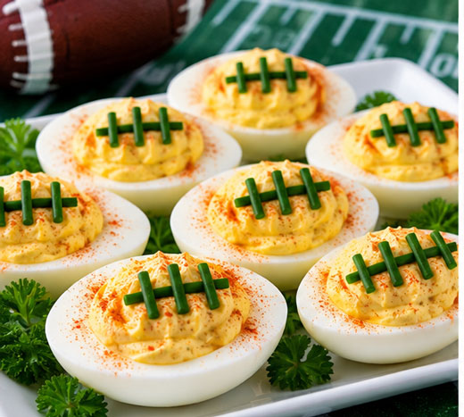Deviled eggs decorated with chives to look like footballs