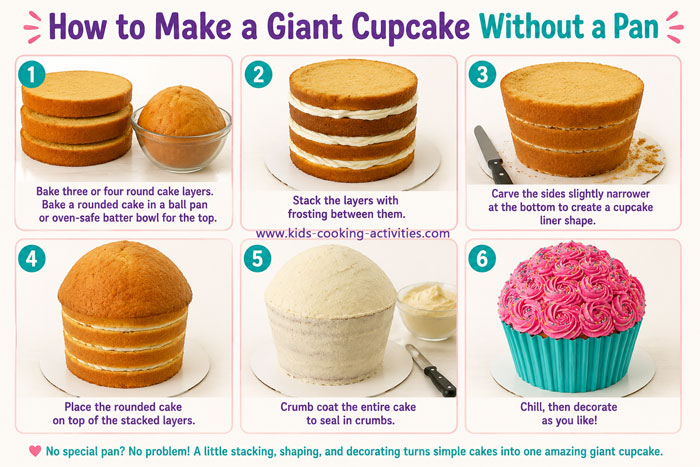 step by step tutorial showing how to make a giant cupcake cake without a special pan