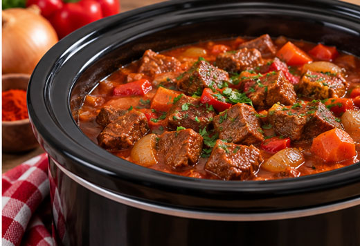 Slow cooker Hungarian-style beef goulash served with noodles