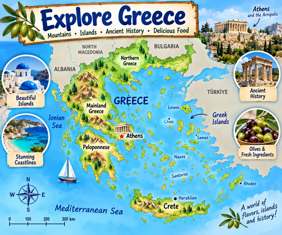 Map of Greece showing Athens, mainland Greece, Greek islands and surrounding seas