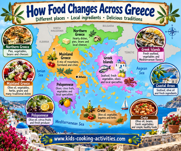 Map showing how food traditions and ingredients change across regions of Greece