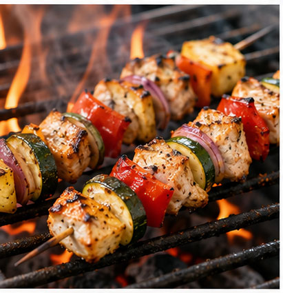 Colorful kabobs cooking on an outdoor grill