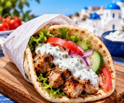Greek-style chicken or pork pita with cucumber yogurt sauce