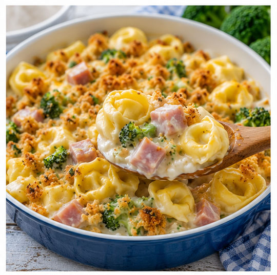 Ham broccoli and tortellini casserole with creamy white sauce and melted cheese