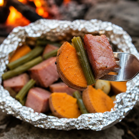 Ham and sweet potato foil packet with green beans