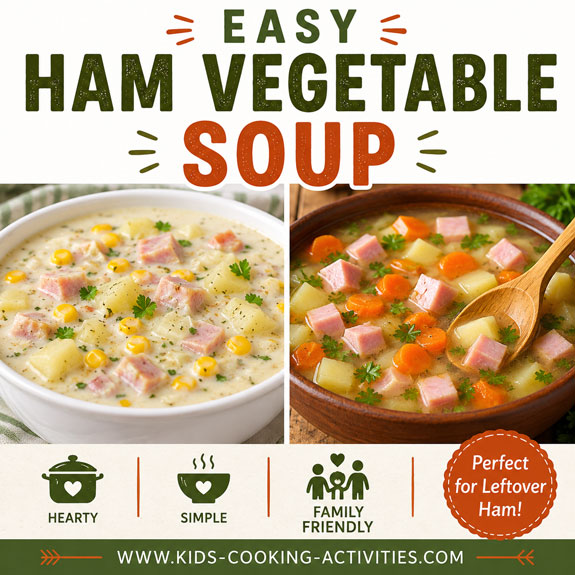 Bowls of homemade ham soup with vegetables