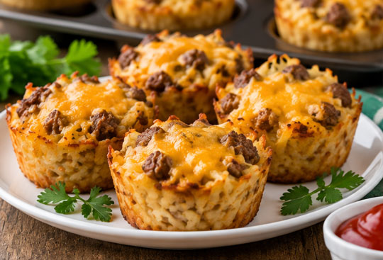 Beef and hash brown cups baked in a muffin tin