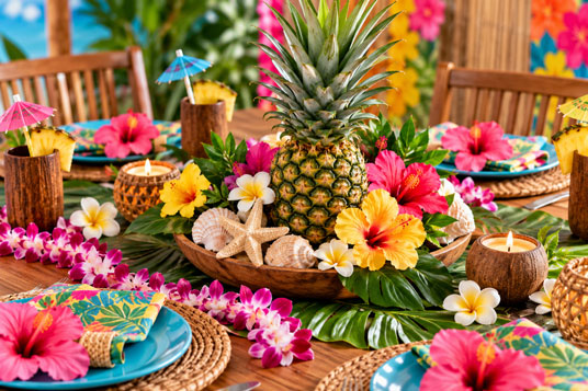 Hawaiian luau family dinner table and centerpiece