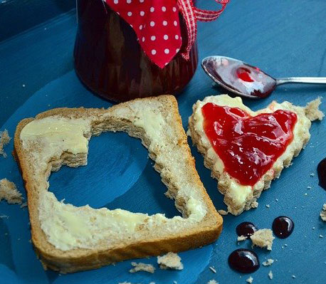 heart toast with red jam