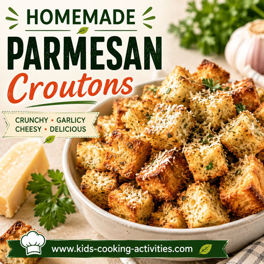 Homemade Parmesan croutons made from cubed French bread