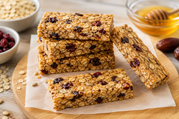 Homemade energy bars with oats, peanut butter, and dried fruit