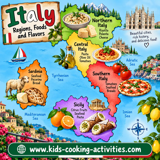 Kid-friendly map of Italy showing northern, central and southern Italy, Sicily and Sardinia with regional Italian foods