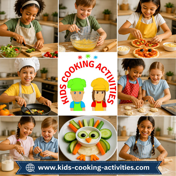 Kids cooking activities including easy recipes, cooking lessons, food art, and fun kitchen projects