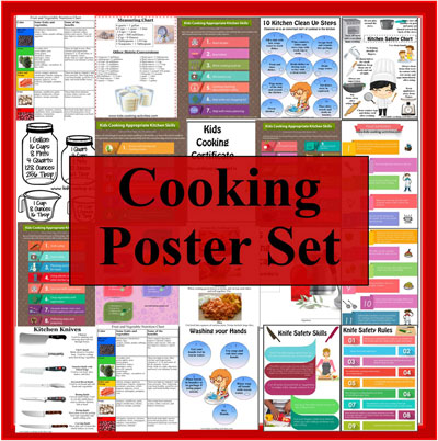 Kids cooking posters and kitchen safety charts