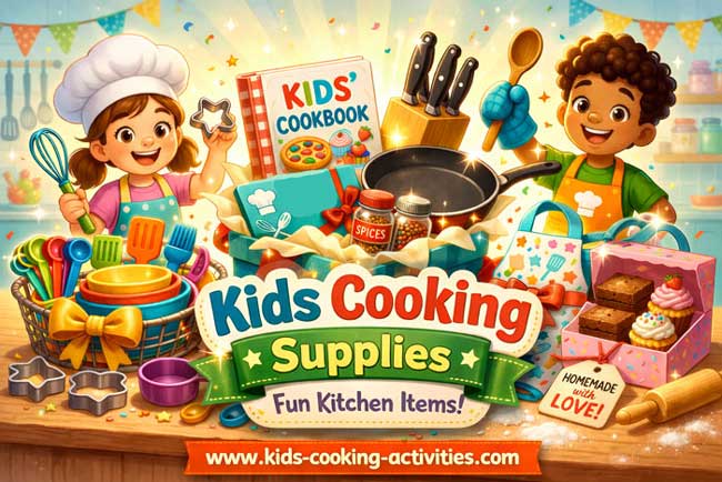 Kids cooking supplies including aprons, tools, baking kits, and printables