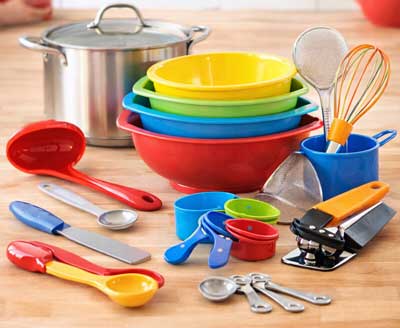 Kids mixing bowls and prep tools for cooking