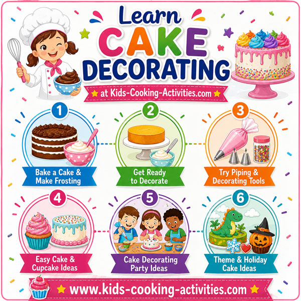 learn cake decorating with kids including frosting, piping, birthday cakes, cupcakes, and theme cake ideas
