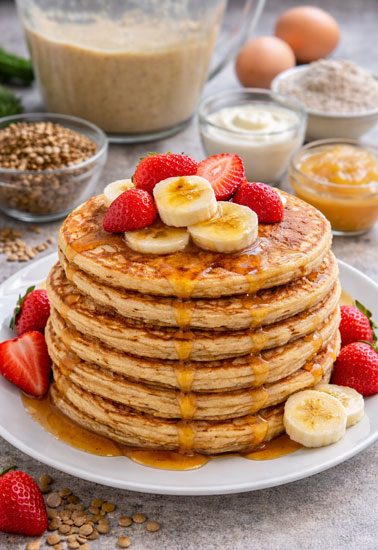 lentil pancakes stacked with syrup - chgt