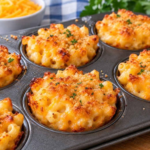 Homemade mac and cheese cups baked in a muffin tin