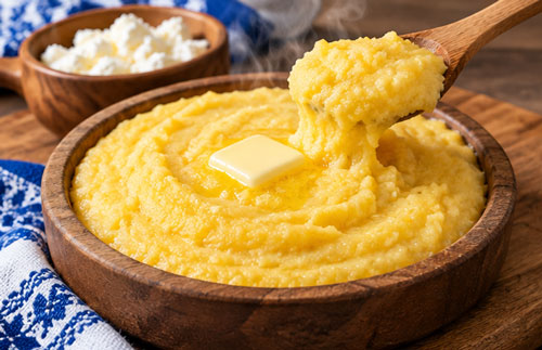 Romanian mamaliga cornmeal dish served with cheese and sour cream
