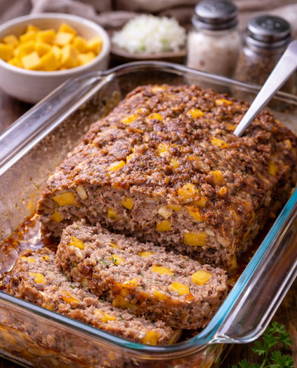 mango meat loaf in a glass loaf pan-CHGT