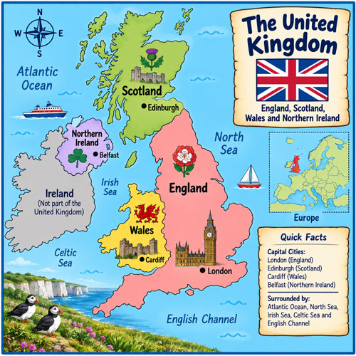 Illustrated map of the United Kingdom showing England, Scotland, Wales, Northern Ireland, capital cities and surrounding seas
