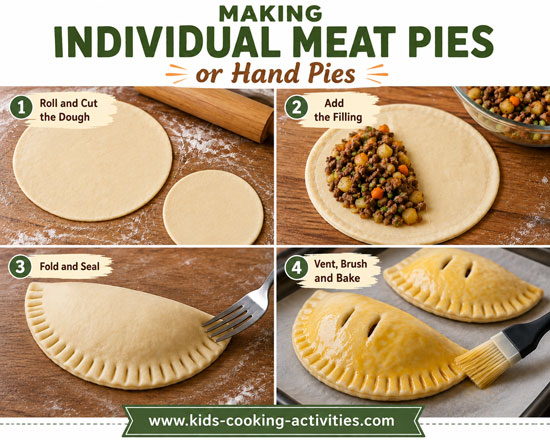 Steps for filling, folding, sealing and baking individual meat pies