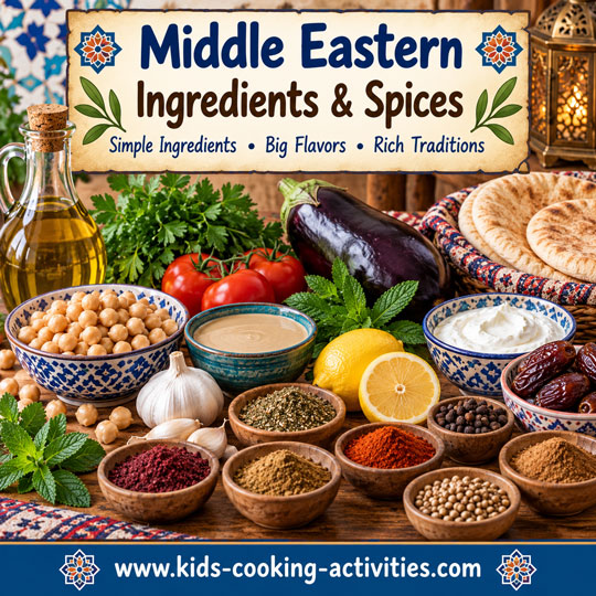 Middle Eastern ingredients and spices including chickpeas, tahini, dates, herbs and seasonings