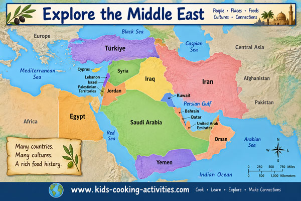 Map of the Middle East showing countries, seas and geographic regions