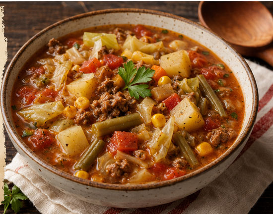 Hearty beef garden soup with potatoes, cabbage and vegetables