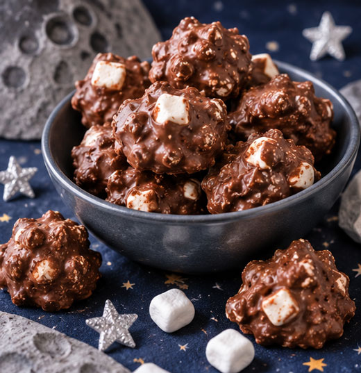 Chocolate moon rock treats with marshmallows and coconut