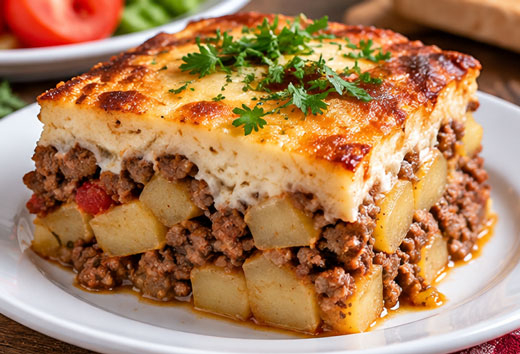 Bulgarian-style moussaka with potatoes and ground meat